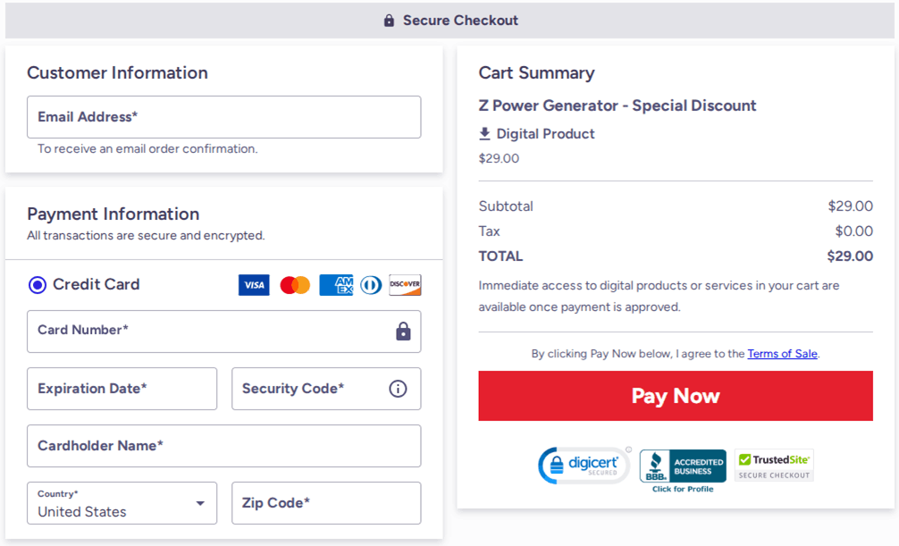 Z Power Generator Checkout